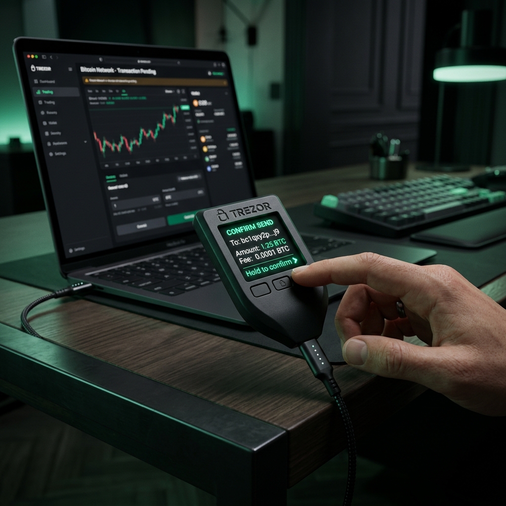 Premium 3D render of a hardware wallet security confirmation showing a Bitcoin transaction being physically approved